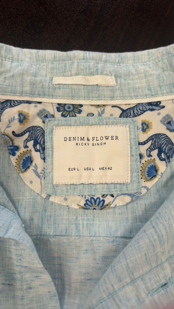 Large Denim & Flower Men's Short Sleeve Shirt