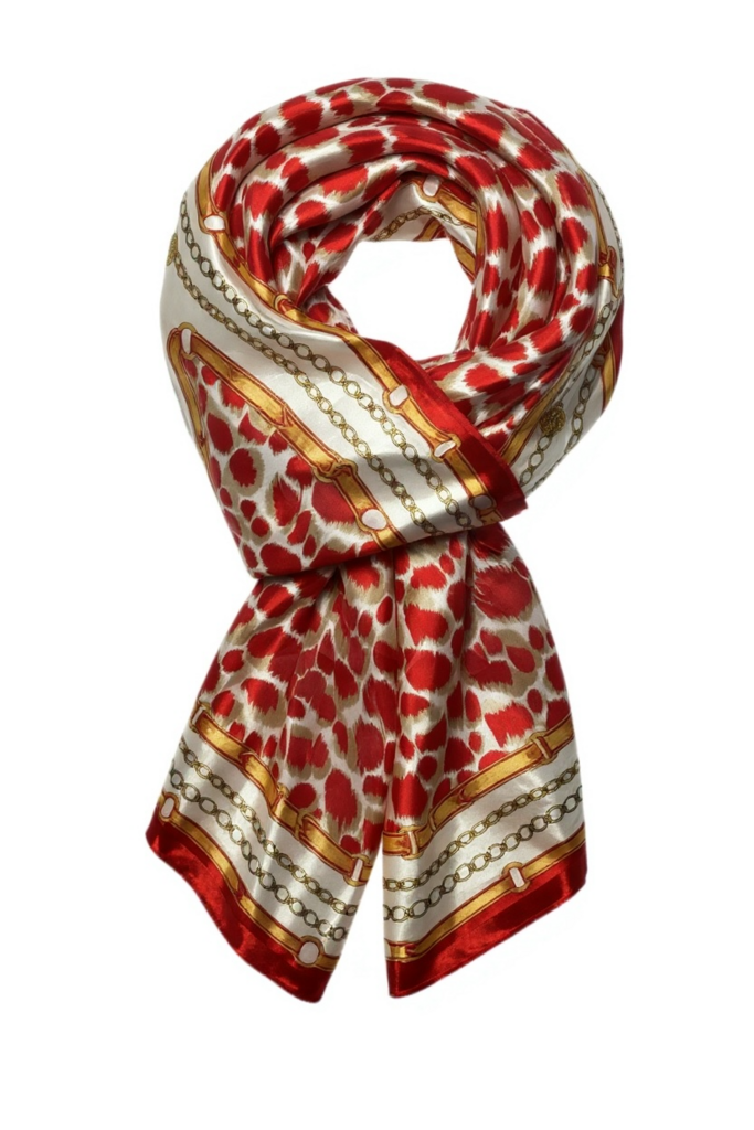 Red and White Patterned Silk Scarf