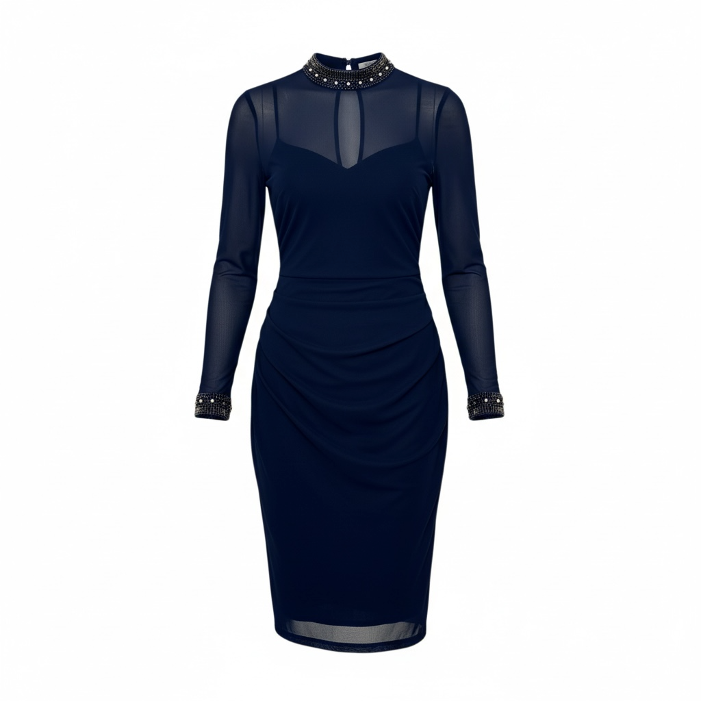 TFNC London Navy Long Sleeve Dress with Embellished Collar