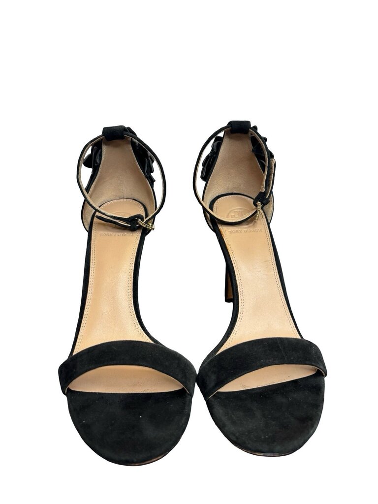 Black Suede Heels with Floral Detail