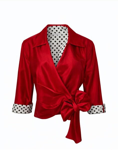 Marisa Baratelli Red Satin Wrap Top with Polka Dot Cuffs