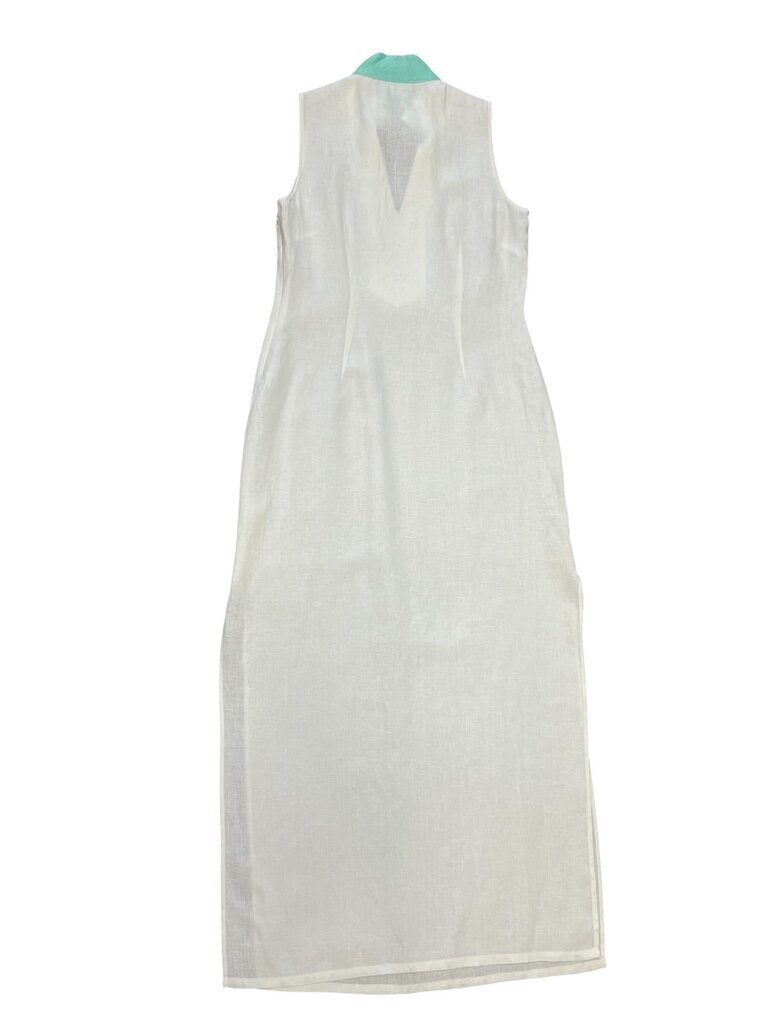 Women's Sleeveless Linen Dress with Turquoise Collar