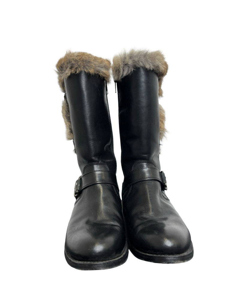 FRYE Rabbit Fur-Lined buckle zip black leather Boots