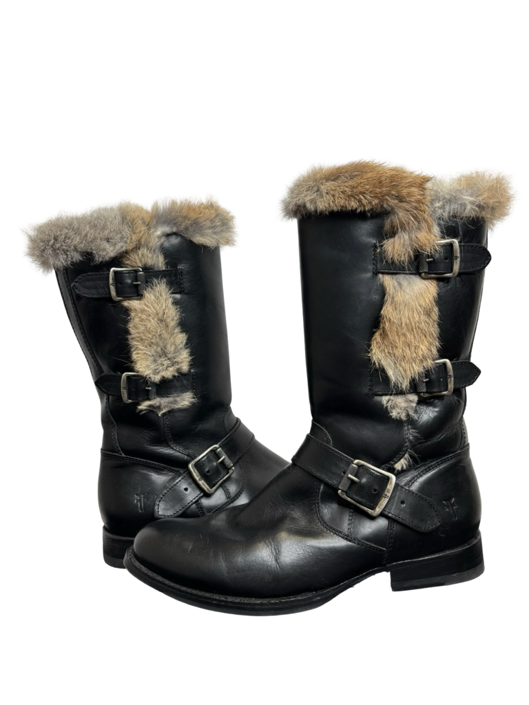 FRYE Rabbit Fur-Lined buckle zip black leather Boots