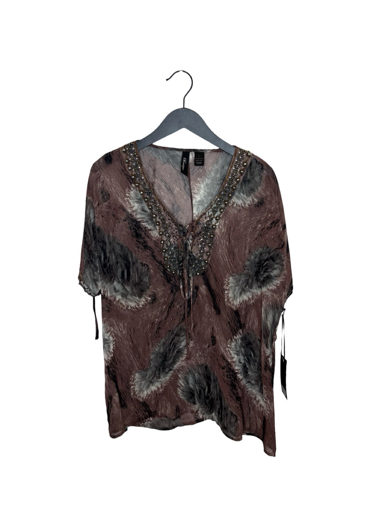Boutique Women's Large Textured Top with Beaded Neckline