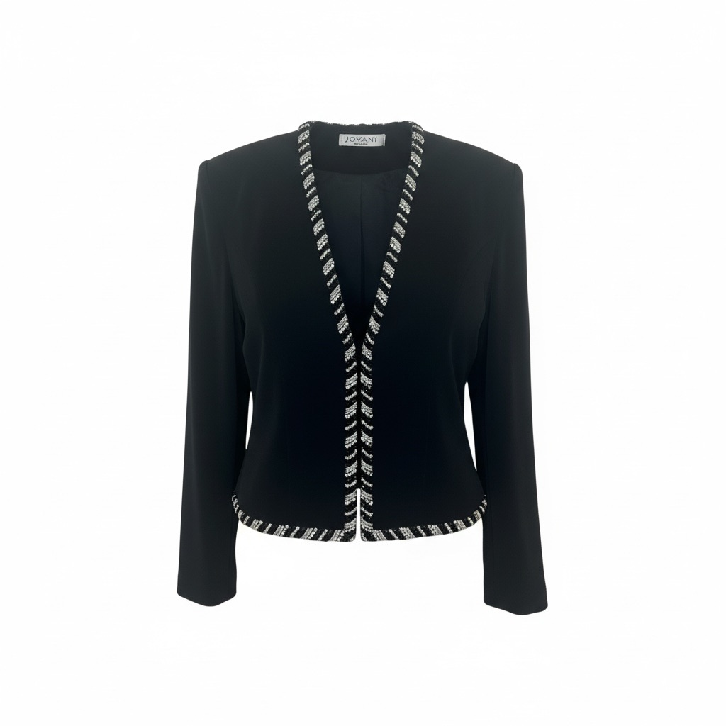 Size 4 JOVANI Women's Black Cropped Blazer with Rhinestone Detail