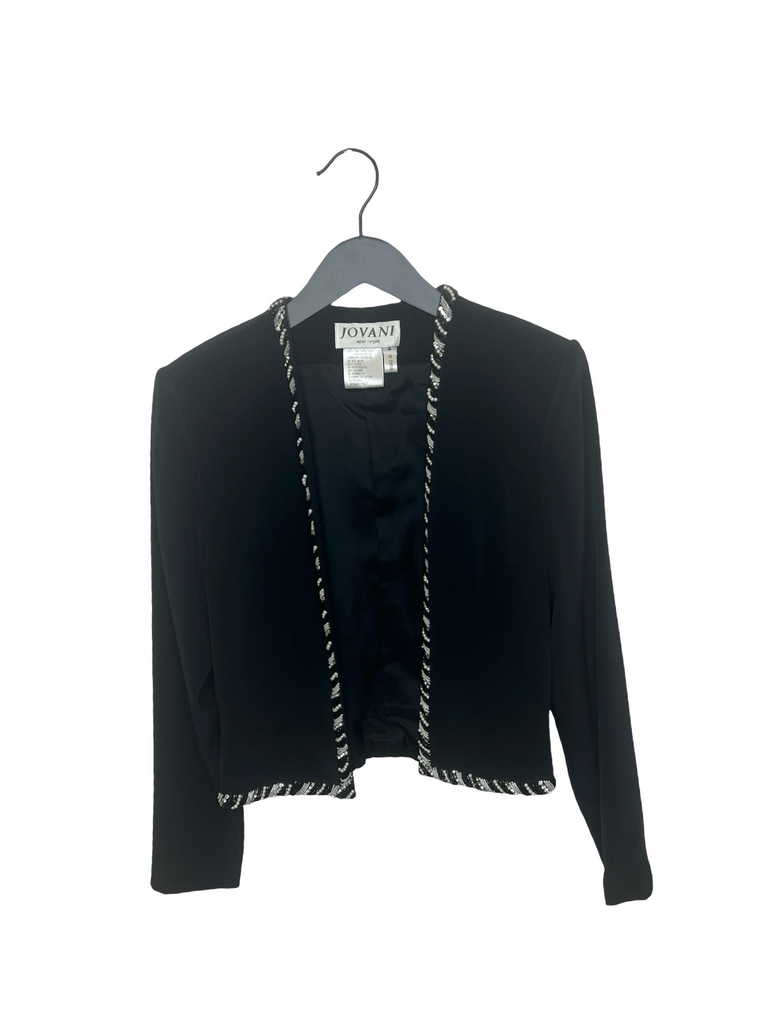 Size 4 JOVANI Women's Black Cropped Blazer with Rhinestone Detail