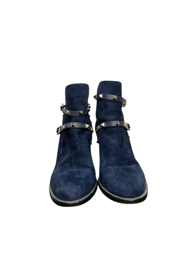 Valentino Rockstud Suede Navy Blue Ankle Boots