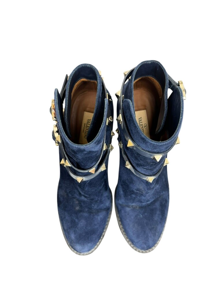 Valentino Rockstud Suede Navy Blue Ankle Boots
