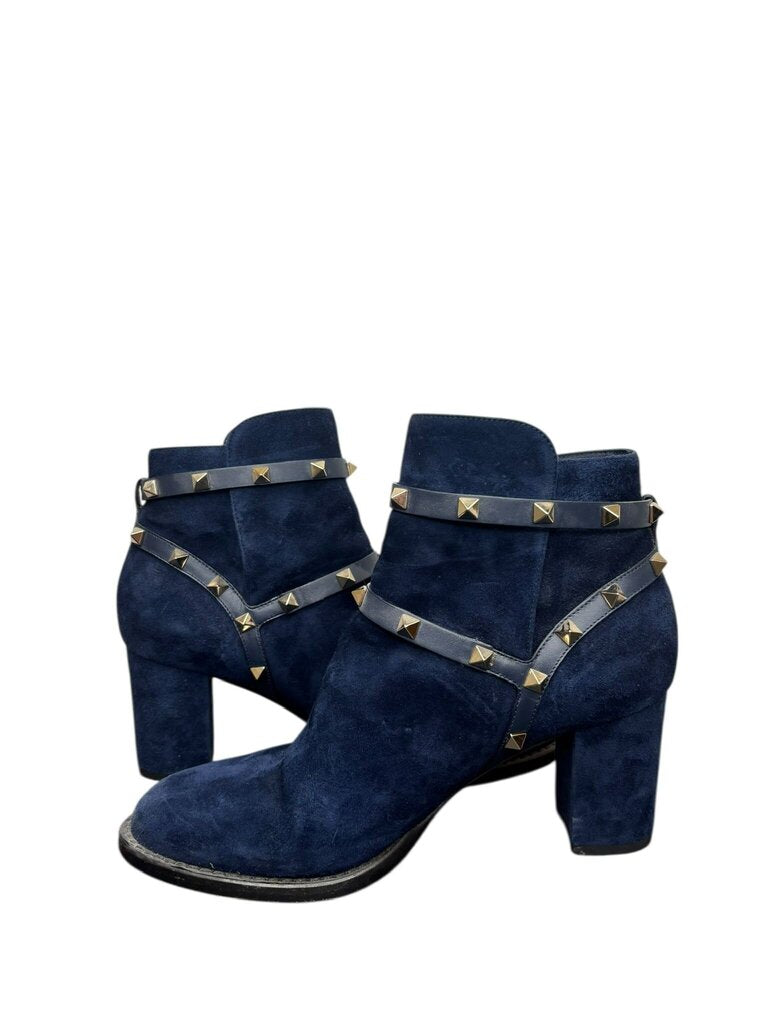 Valentino Rockstud Suede Navy Blue Ankle Boots