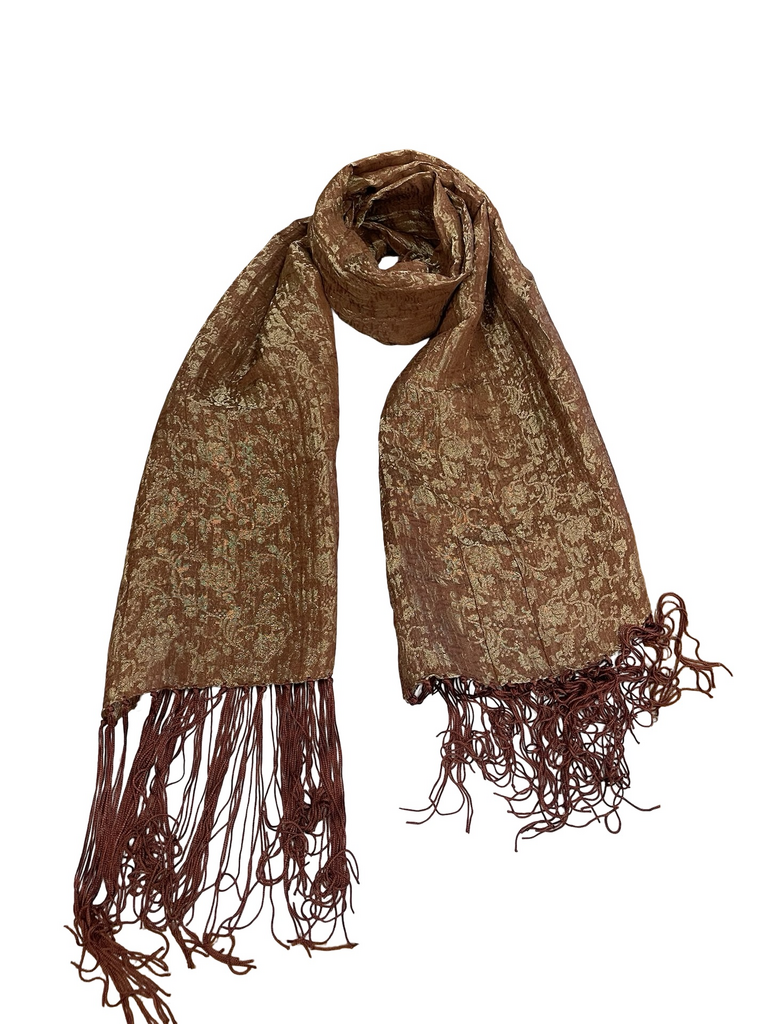 Elegant Brown Patterned Scarf with Fringed Edges
