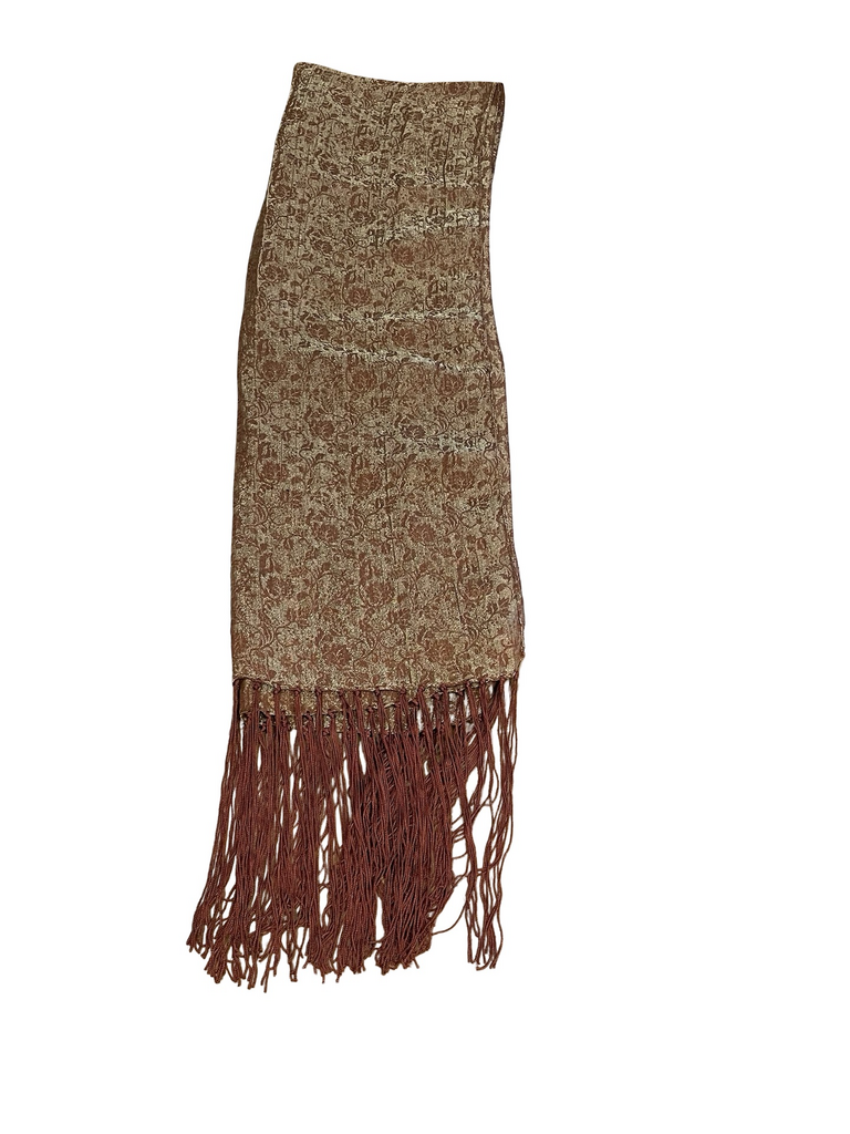 Elegant Brown Patterned Scarf with Fringed Edges