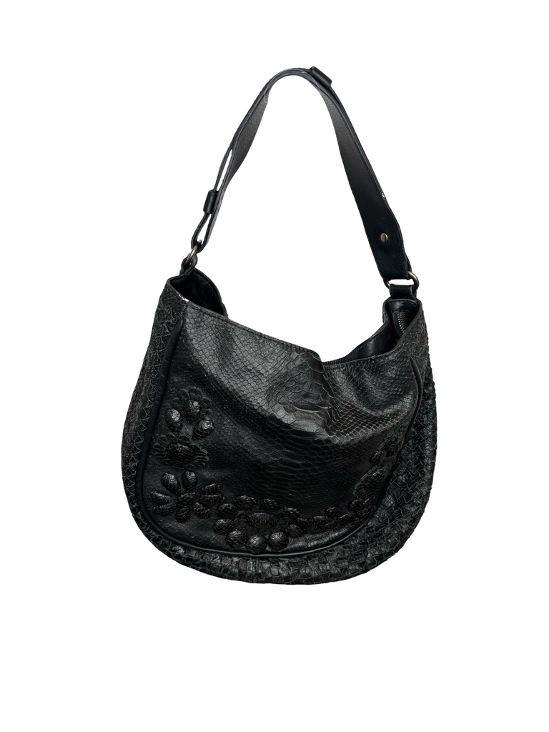 Stylish Black Leather Handbag with Floral Design
