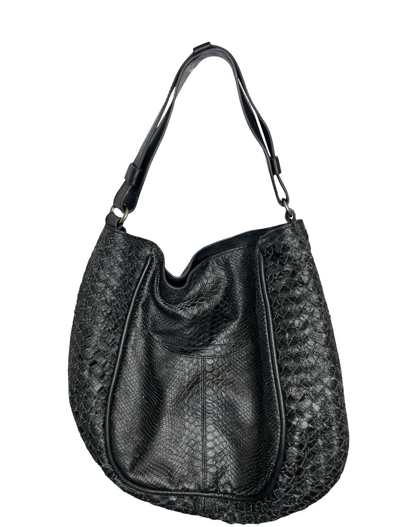 Stylish Black Leather Handbag with Floral Design