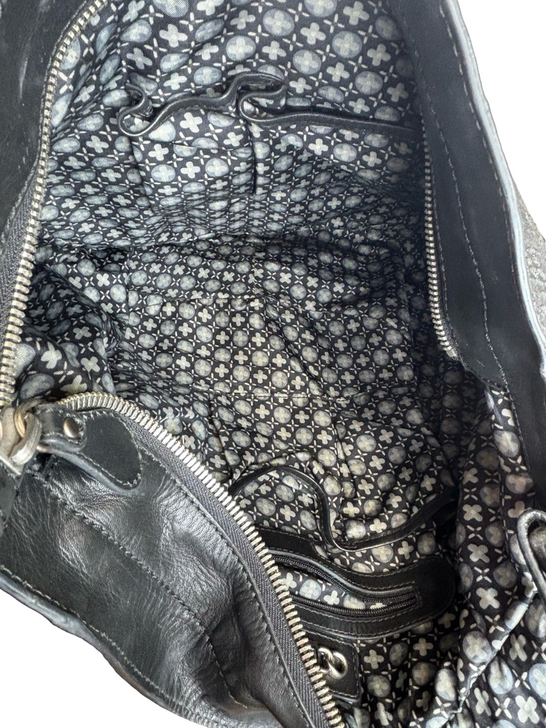 Stylish Black Leather Handbag with Floral Design