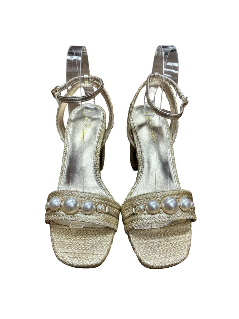 Size 7.5 Lily Pulitzer Elegant Gold Sandal Heels with Pearl Accents