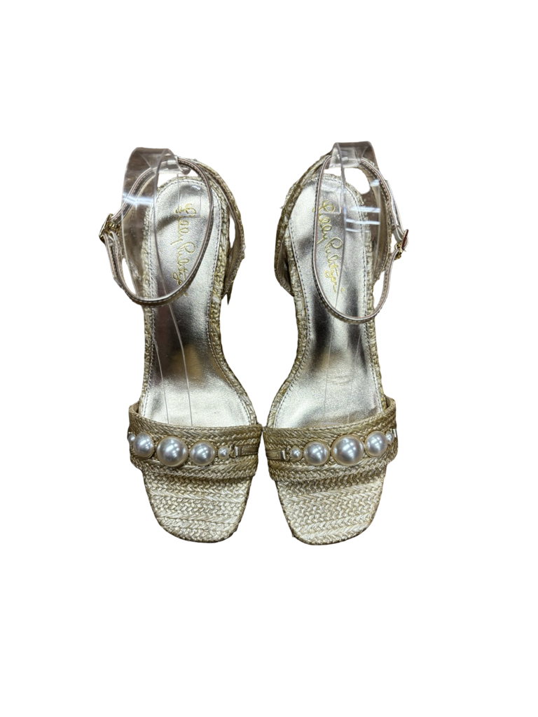 Size 7.5 Lily Pulitzer Elegant Gold Sandal Heels with Pearl Accents