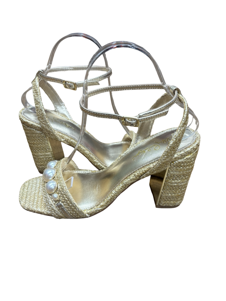 Size 7.5 Lily Pulitzer Elegant Gold Sandal Heels with Pearl Accents