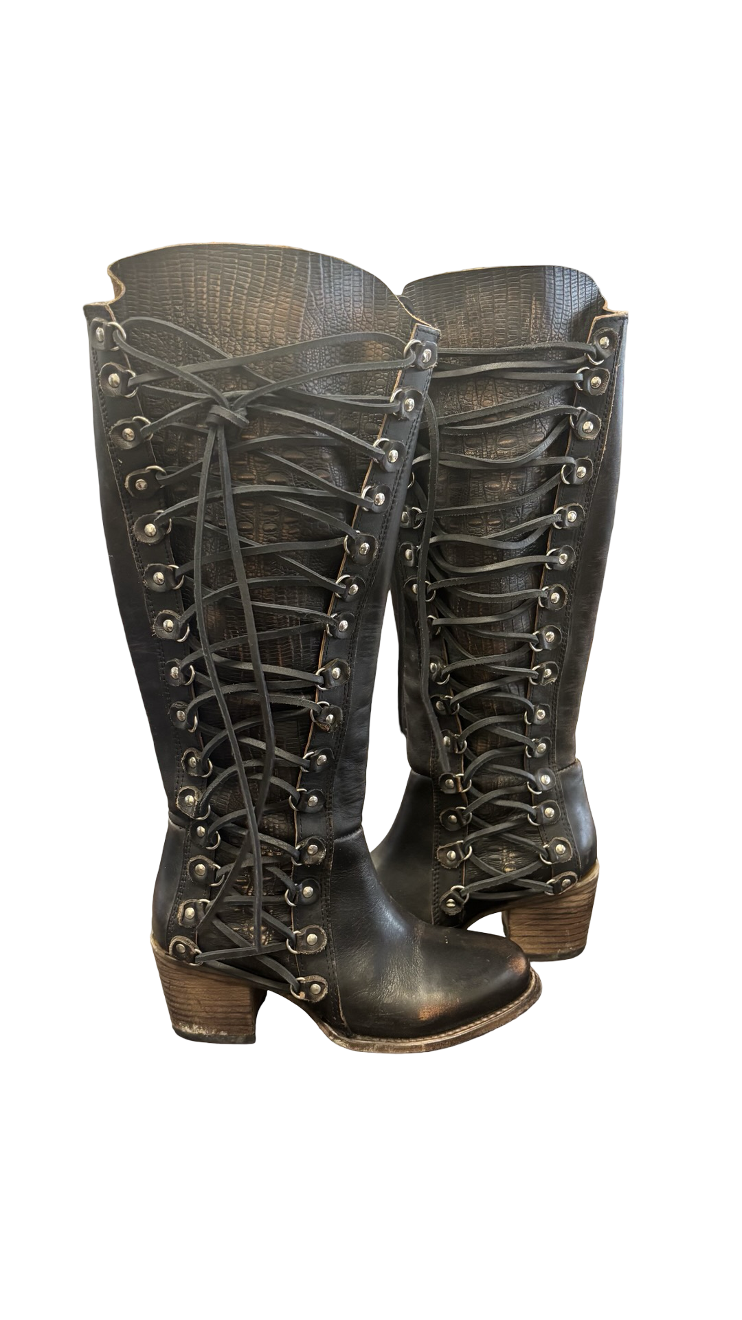 Size 8- Freebird Vintage Lace-Up Knee-High Black Leather Boots