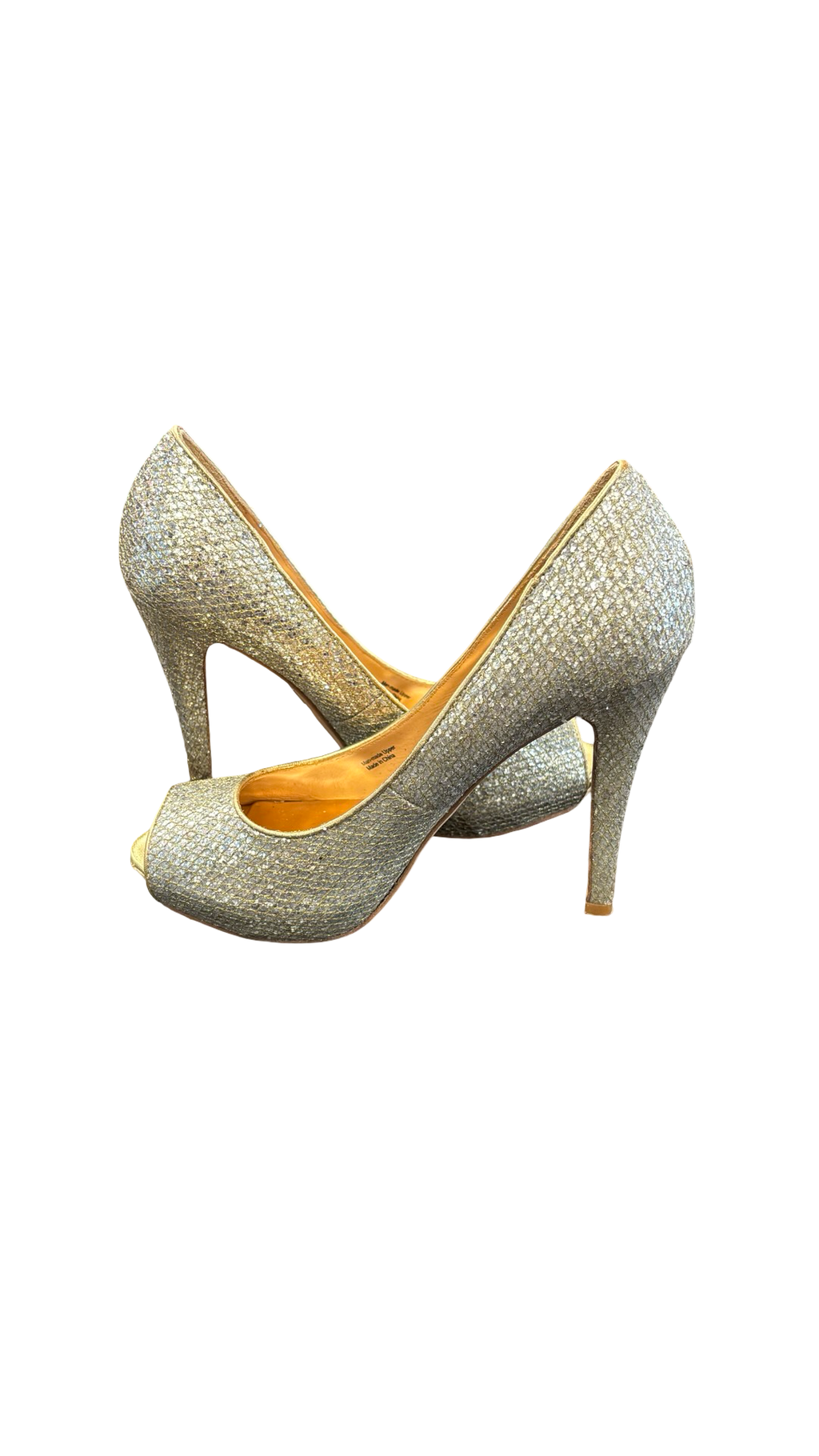 Size 7.5 Badgley Mischka Gold Sparkle Peep-Toe Heels