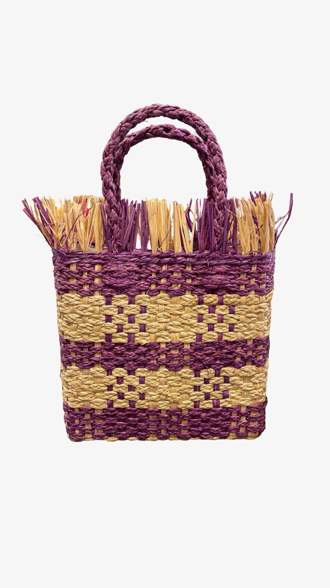 Handwoven Purple and Yellow Straw Tote Bag