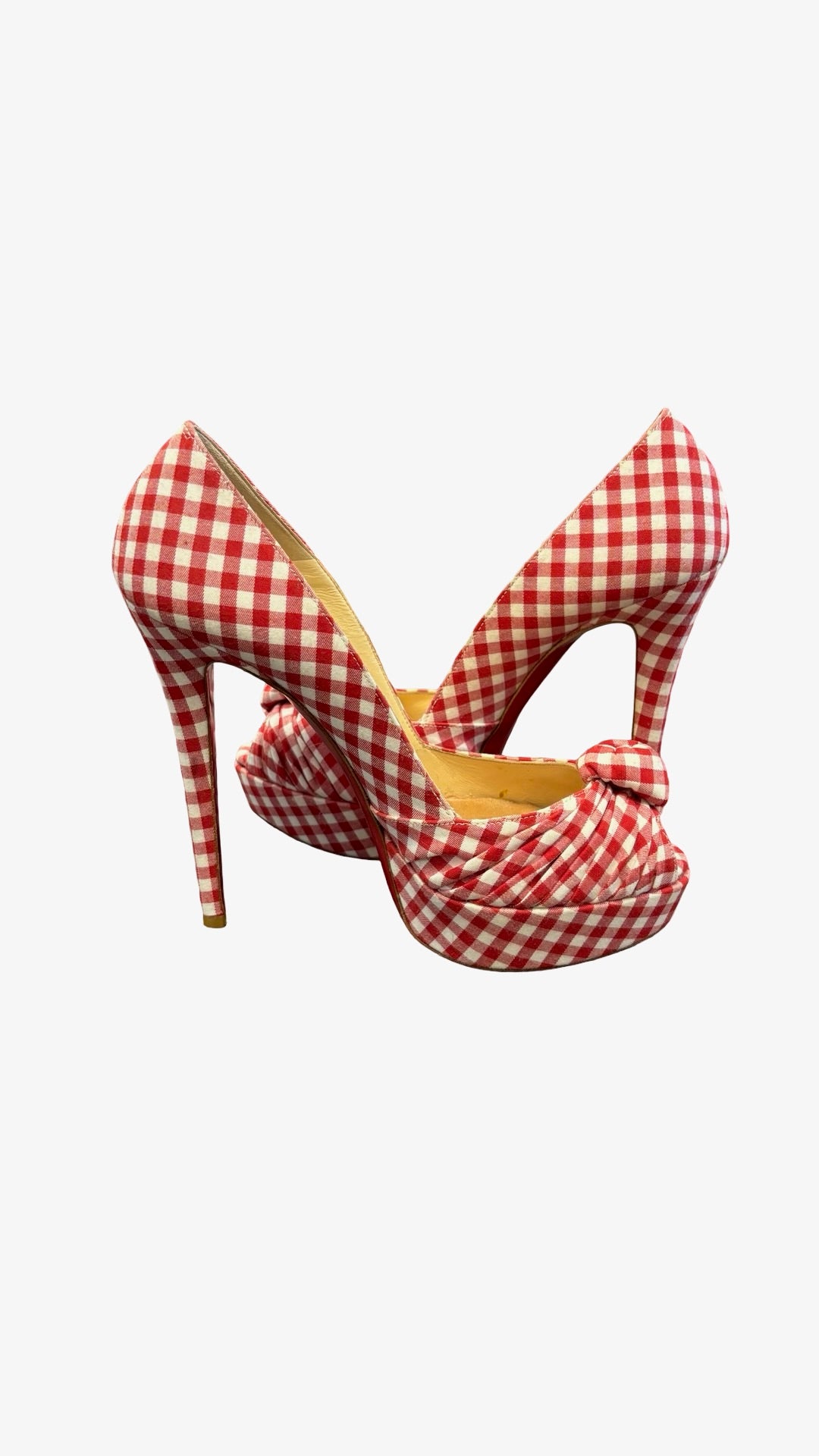Size 38 Christian Louboutin Red and White Gingham Peep-Toe Heels