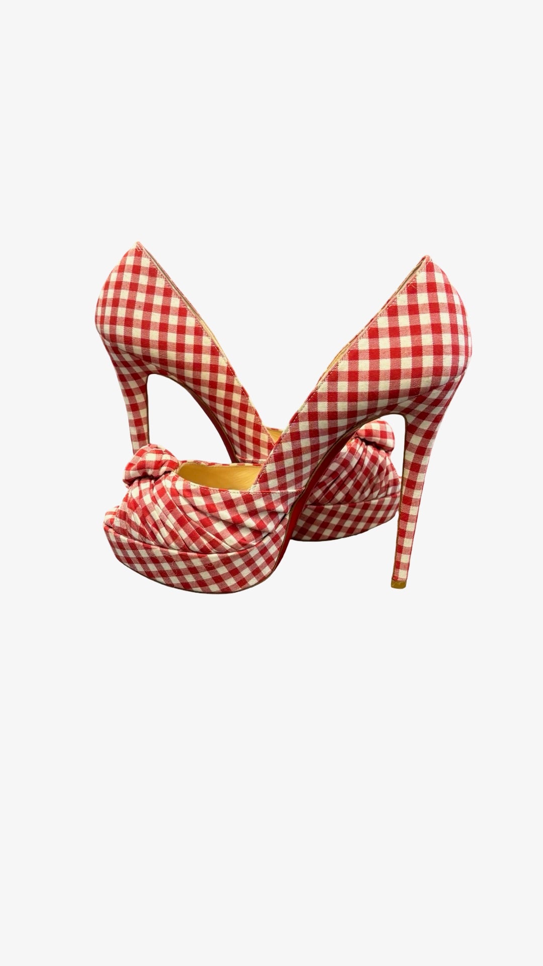 Size 38 Christian Louboutin Red and White Gingham Peep-Toe Heels