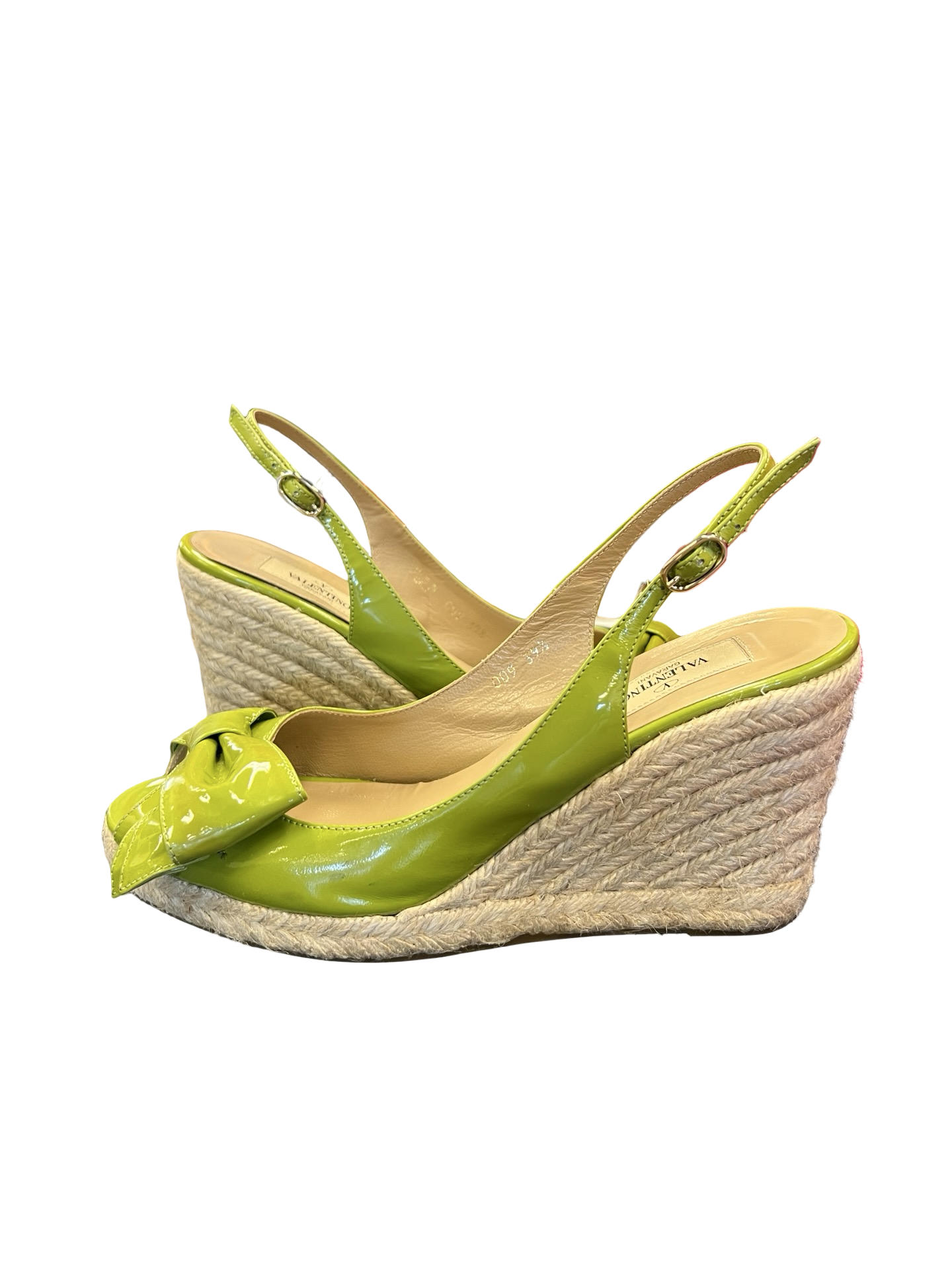 Valentino Green Patent Leather Slingback Wedge Sandals