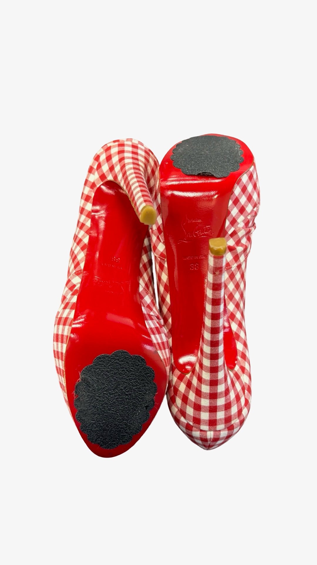 Size 38 Christian Louboutin Red and White Gingham Peep-Toe Heels