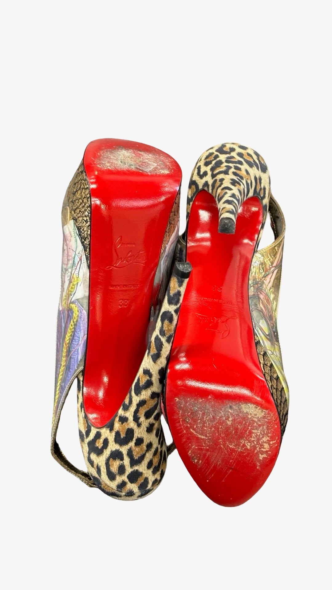 Size 38 Christian Louboutin Leopard Print Peep Toe Heels