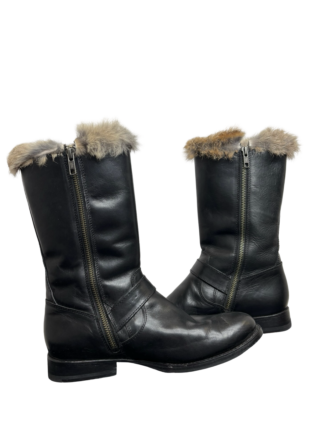 FRYE Rabbit Fur-Lined buckle zip black leather Boots