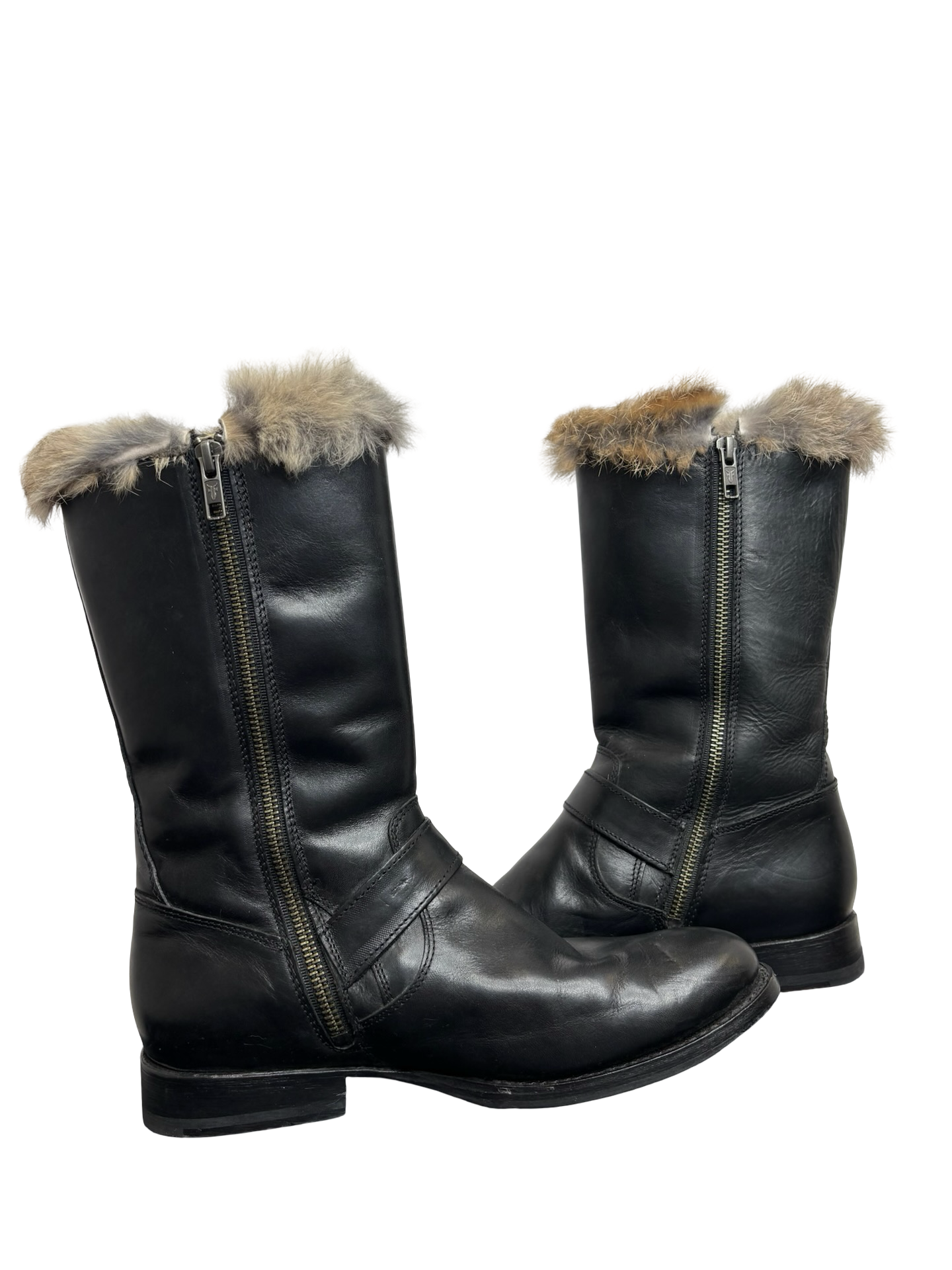 FRYE Rabbit Fur-Lined buckle zip black leather Boots