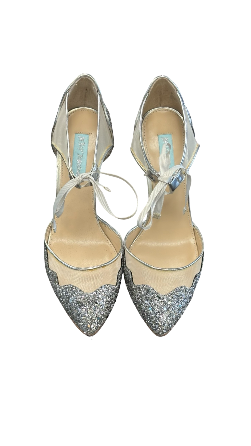 Size 8 Betsy Johnson Sparkling Silver High Heels with Ankle Tie