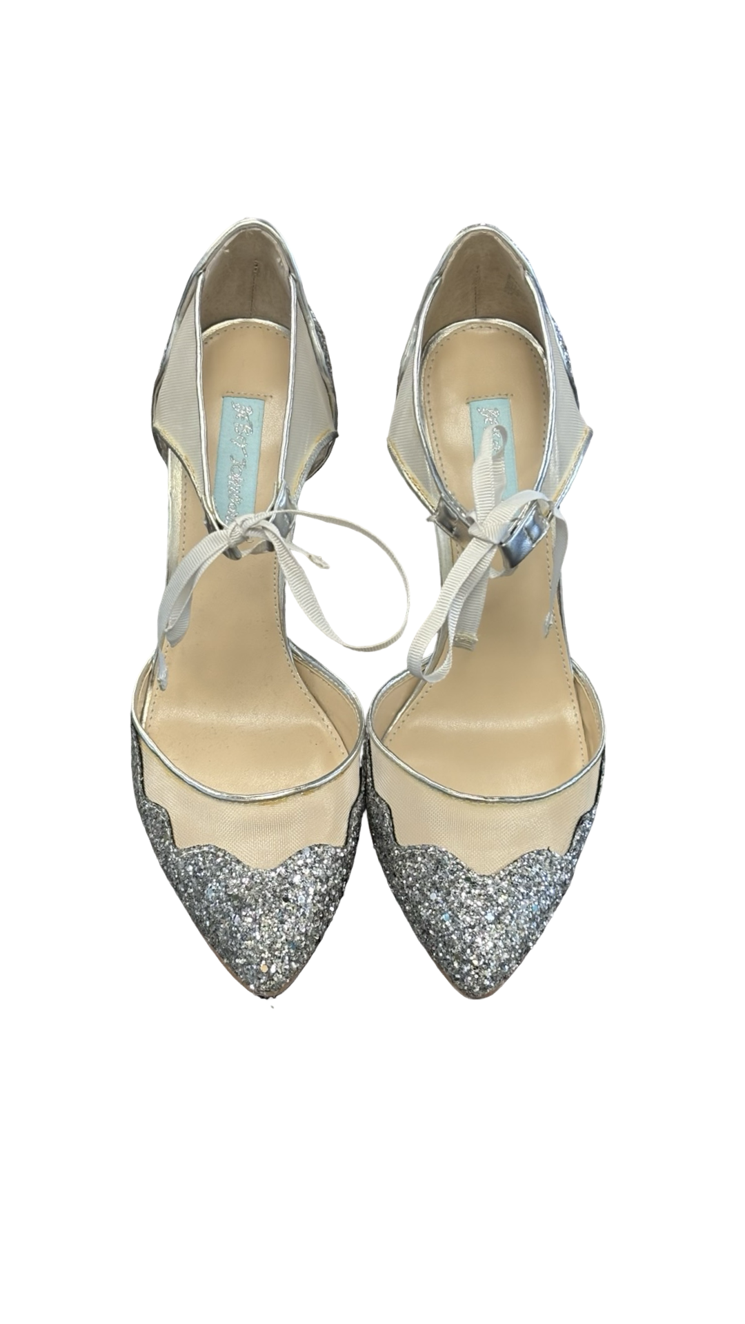Size 8 Betsy Johnson Sparkling Silver High Heels with Ankle Tie