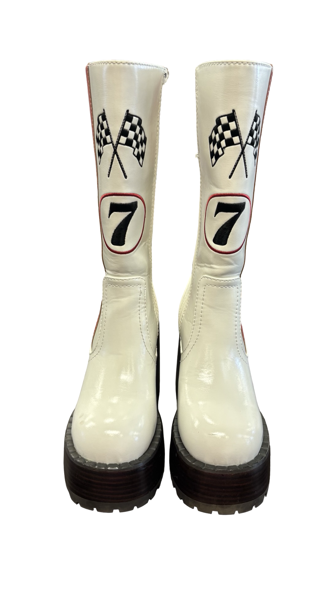 Size 6 Dolls Kill Vintage White Heeled Racing Boots with Checkered Flags