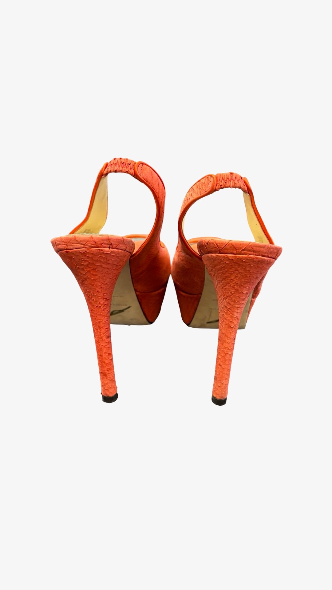 Size 7.5 Brian Atwood Coral Snakeskin Slingback Heels