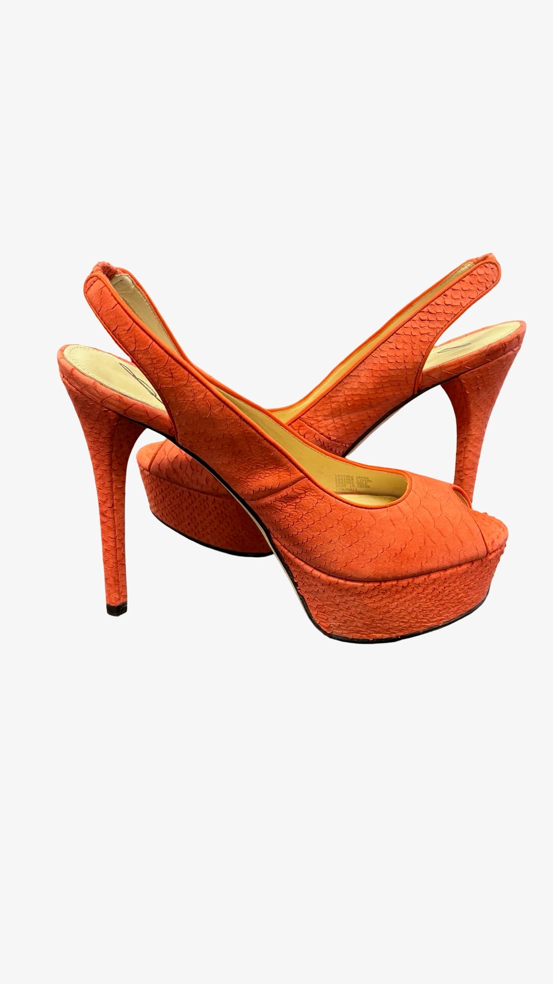 Size 7.5 Brian Atwood Coral Snakeskin Slingback Heels