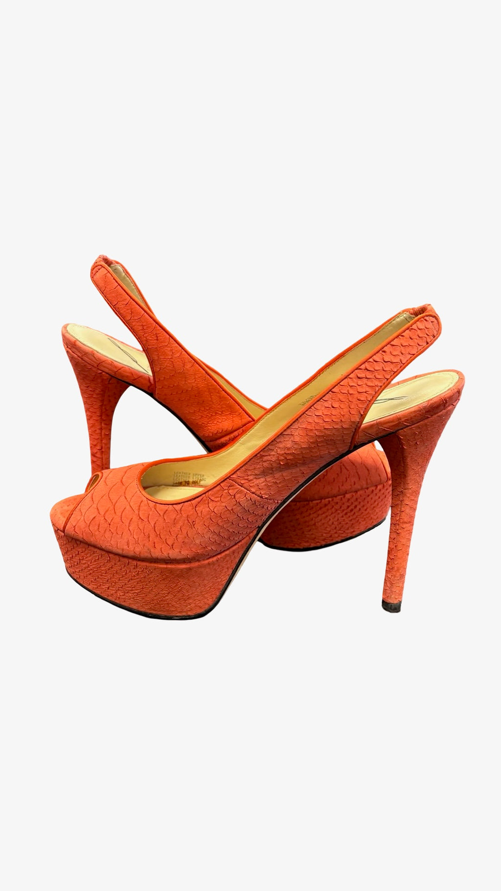 Size 7.5 Brian Atwood Coral Snakeskin Slingback Heels