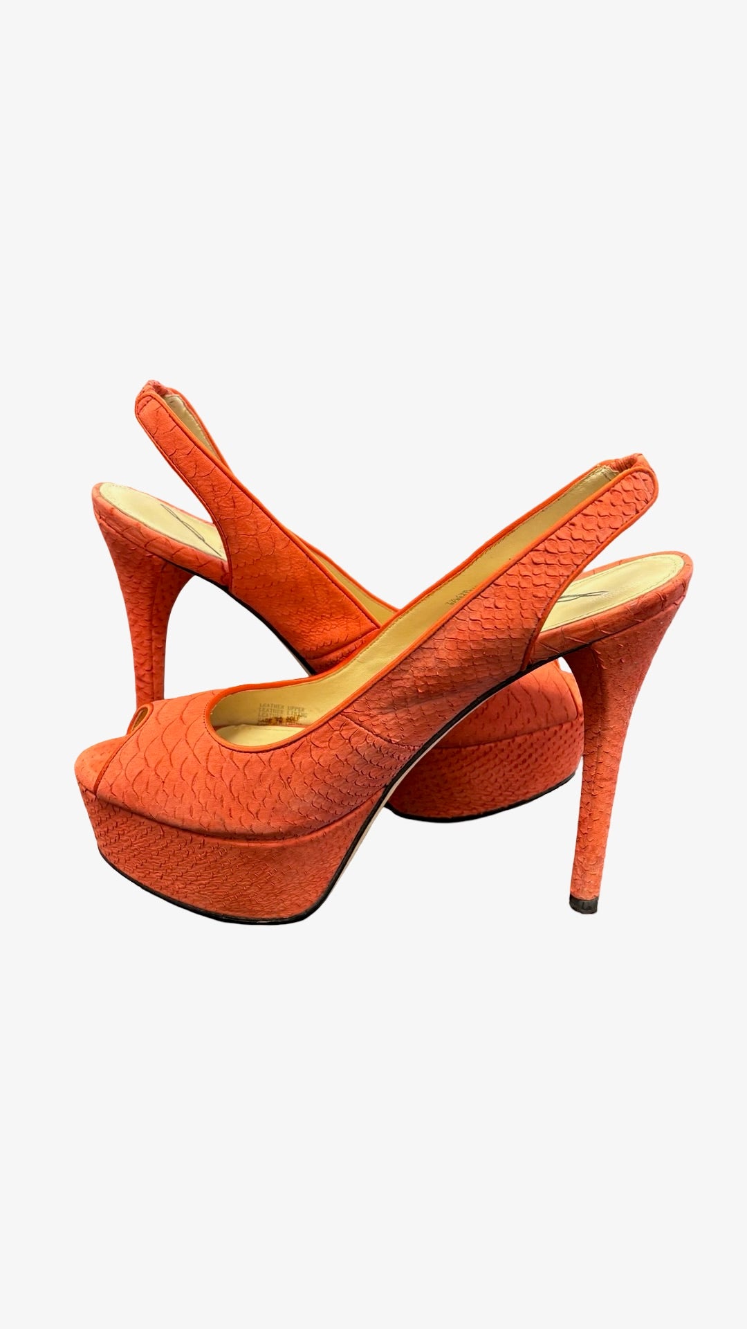 Size 7.5 Brian Atwood Coral Snakeskin Slingback Heels