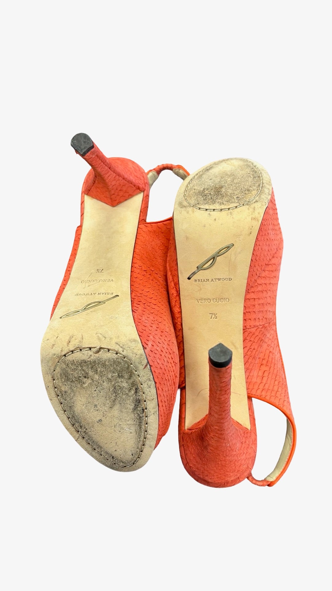 Size 7.5 Brian Atwood Coral Snakeskin Slingback Heels