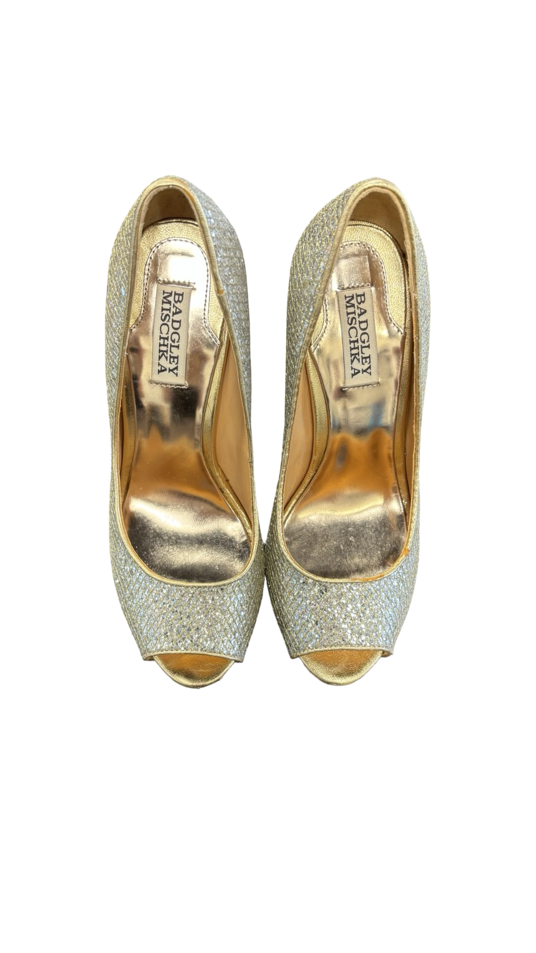 Size 7.5 Badgley Mischka Gold Sparkle Peep-Toe Heels