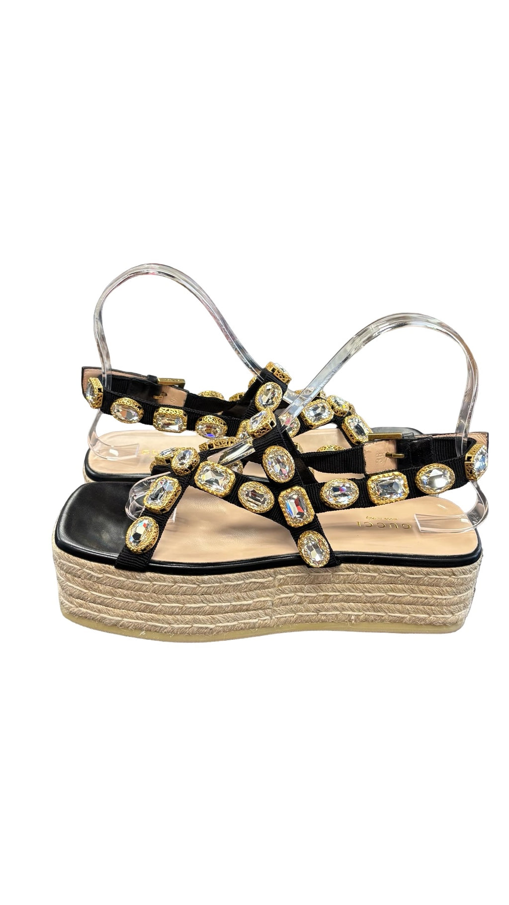 Size 36 Gucci Black and Gold Embellished Platform Sandals